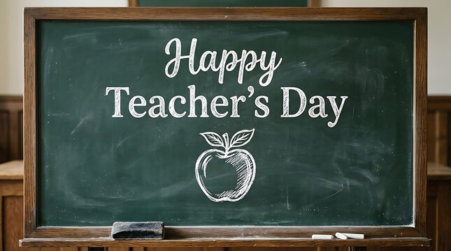 A vintage classroom chalkboard with the text happy teacher day written in white chalk and an apple icon
