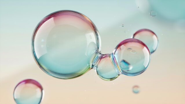 Iridescent floating soap bubbles merging together against soft pastel gradient background with showcases translucent iridescent together weightless environment