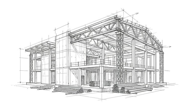 graphite architectural sketch of a modern construction project with unfinished facade and exposed rooftop structure showing concrete core and floor slabs