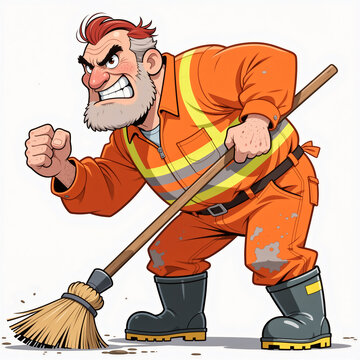 A determined middle-aged street cleaner with a squinty face and comically receding hairline leans forward with fists clenched, ready to sweep the street into order.
