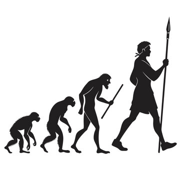 The evolutionary journey from ape to modern human, depicted as a silhouette progression, isolated on white background