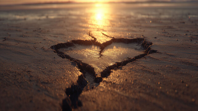 Close-up of a heart indented into the 모래 with strong sunlight and shadow texture