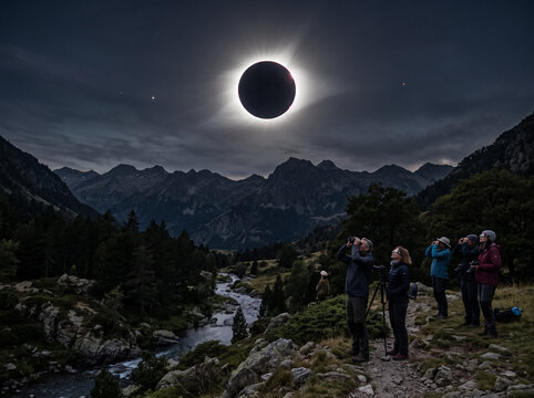 Eclipse de soleil, avec vue sur un paysage de montagne