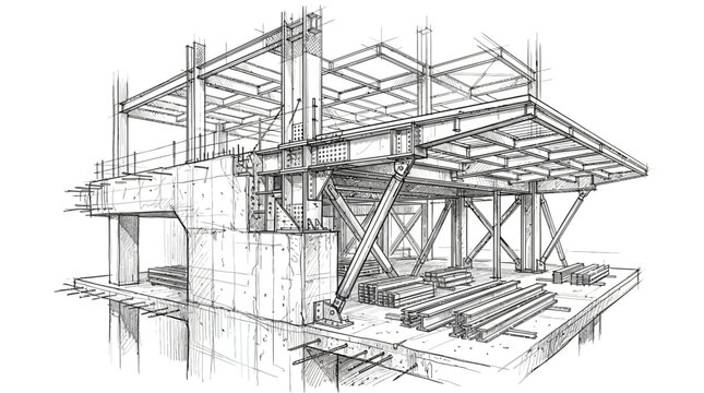 Detailed graphite sketch illustration of a modern building structure under construction with exposed concrete slabs and steel framing elements
