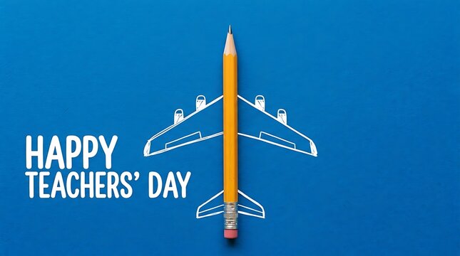 Creative conceptual design for happy teachers day featuring a yellow pencil shaped like an airplane on blue background