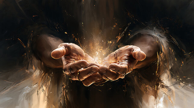 The hands of Jesus Christ, showing the scars from the nails used during the crucifixion.