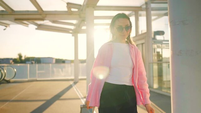 Woman confidently pulling a suitcase in an airport terminal.