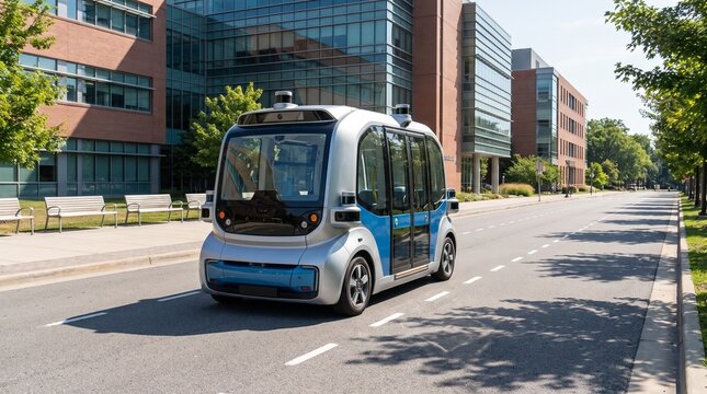 Autonomous electric shuttle bus driving along a modern street during a bright sunny summer day afternoon