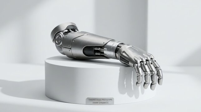 A sleek metallic prosthetic arm is displayed on a white pedestal in a bright, minimalist studio.