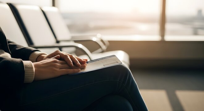 Calm Passenger Using Smartphone While Relaxing in a Sunlit Airport Waiting Area Before Boarding