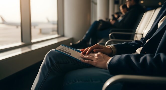 Peaceful Airport Waiting Scene with Relaxed Traveler Sitting in Comfortable Seating Near Large Windows