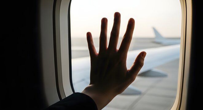 Passenger Hand Silhouette Reaching Toward Airport Window with Airplane View and Bright Travel Departure Atmosphere