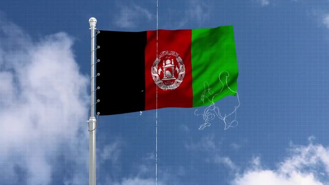 Afghan flag waving in wind against blue sky with white clouds realistic 3d animation loop footage.