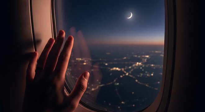 Passenger's Hand Touching Airplane Window During Night Flight Over City Lights with Crescent Moon for Travel Concepts