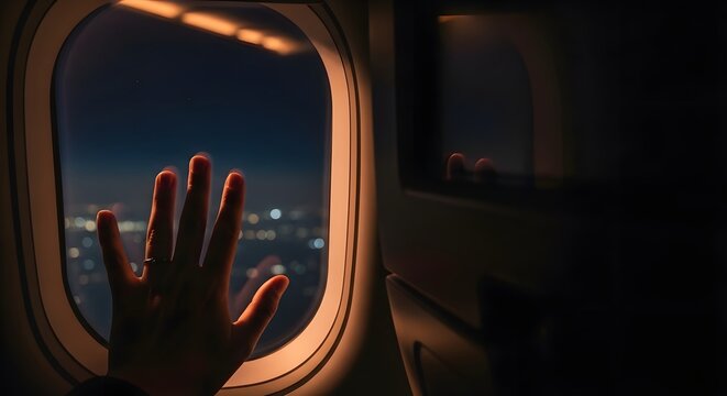 Traveler's Hand Gently Touching Airplane Window, Observing Distant City Lights at Night During an Overnight Flight Journey