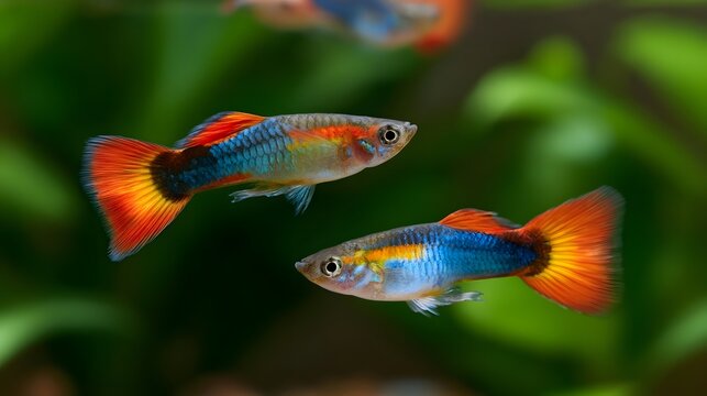 Two vibrant guppies swim gracefully through clear water surrounded by lush green aquatic plants