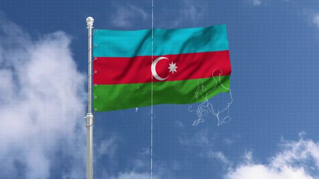 Azerbaijan national flag waving on silver flagpole against blue sky with white clouds in slow motion.