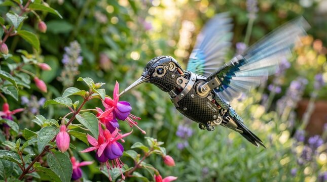 A sophisticated mechanical hummingbird drone in flight, approaching colorful flowers in a garden.