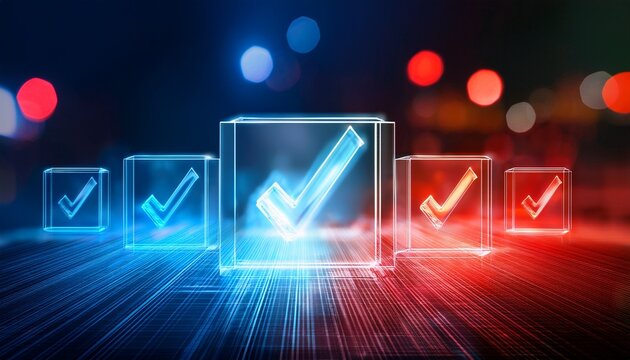 glowing digital check marks in boxes red and blue bokeh background suggests future tasks