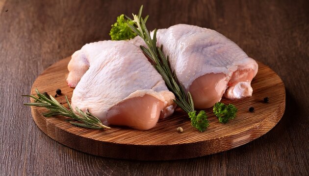 raw chicken thighs on a rustic wooden board with fresh herbs