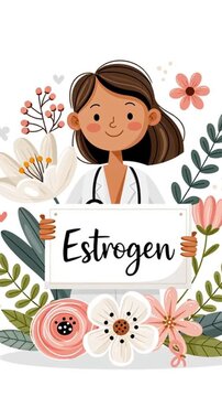Cartoon cute woman doctor holding a sign with the text progesterone flat design on white background