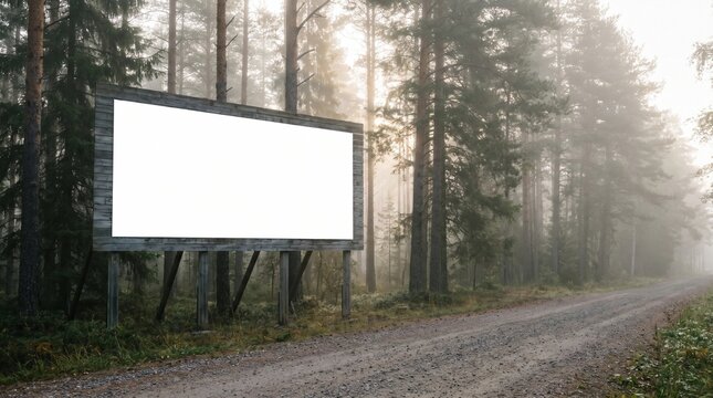 Blank Wooden Billboard Mockup in a Misty Pine Forest