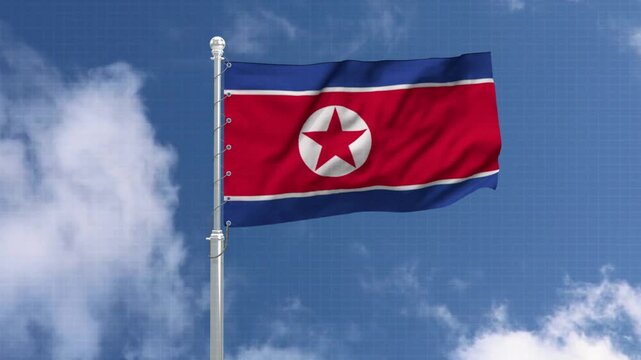 North Korean national flag waving in wind against blue sky with clouds realistic 3d rendered footage.
