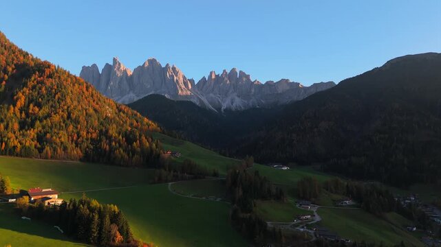 Val di Funes and village Santa Maddalena. Dolomites, Italy
