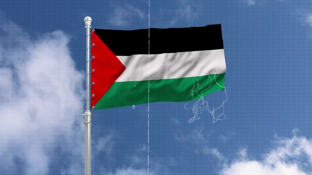 Palestinian flag waving gently on metal pole against clear blue sky background realistic 3d animation.