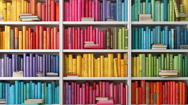 Colorful stacked books arranged in a rainbow gradient pattern