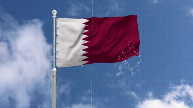 Qatar flag waving on silver pole against bright blue sky background with clouds cinematic animation.