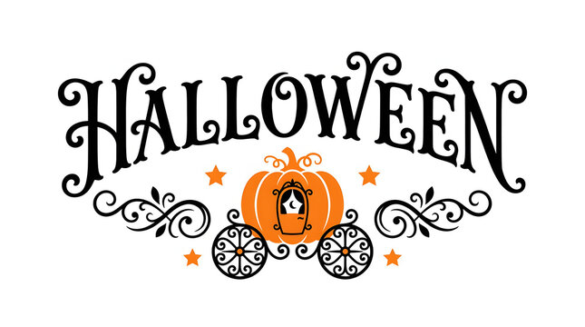 Decorative vintage style halloween typography design featuring an ornate pumpkin carriage illustration on white background