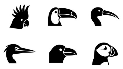 Naklejka premium Set of black and white bird head icons featuring various species including toucan parrot and puffin designs