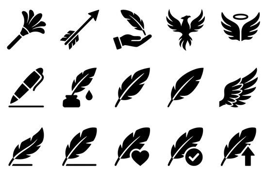 Collection of black and white feather and quill icon set representing writing literature history and mythical bird symbols