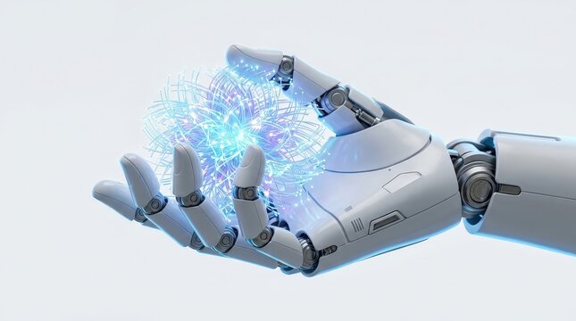 A white robotic hand holding a complex, glowing blue neural network sphere in a clean environment.