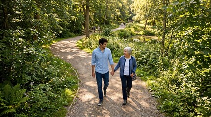 Fototapeta premium Young man holding hands with his happy grandmother while walking along a sunny park trail, celebrating intergenerational family love.