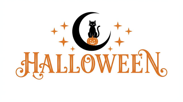 A charming halloween typographic design featuring a black cat silhouetted against a crescent moon and sparkling stars