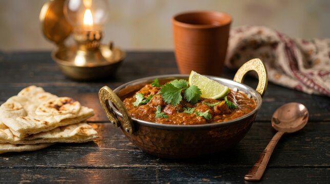 A warm Indian curry served in a traditional metal vessel with naan bread and a glowing lantern.