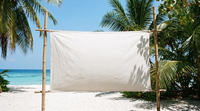 Blank White Banner on Bamboo Frame at Tropical Beach