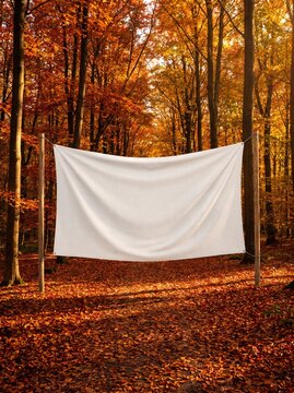 Blank White Banner Mockup in a Sunny Autumn Forest