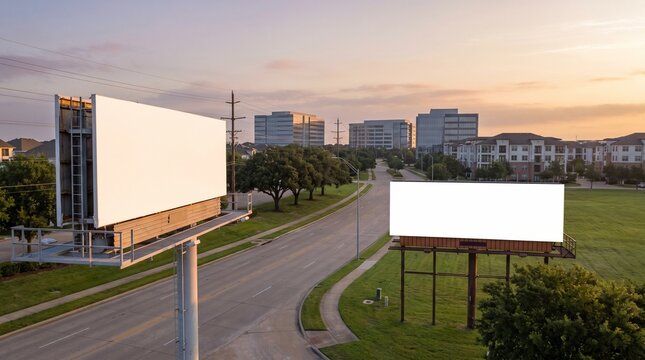 Two Blank White Billboards along a Road at Sunset