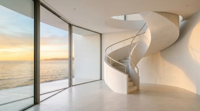 A white spiral staircase overlooks a serene ocean view through large floor to ceiling glass walls.