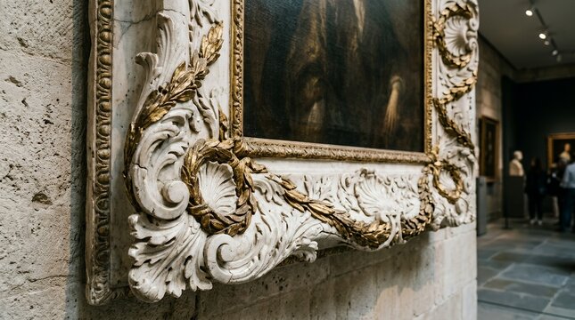 Ornate white and gold baroque picture frame detail.