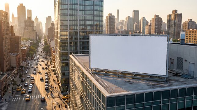 Blank White Billboard Mockup on a City Rooftop at Sunset