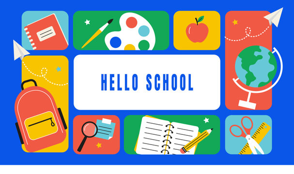 Colorful back to school vector layout with backpack, globe, notebooks, art supplies, apple and stationery. Ideal for education posters, banners, covers and school advertising.