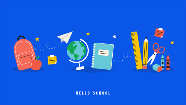 Colorful back to school vector banner with backpack, globe, notebook, pencil, ruler, scissors and crayons on a blue background. Ideal for education posters, covers and advertising.