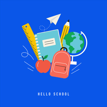 Colorful back to school vector with backpack, globe, notebook, pencil, ruler, apple and paper plane on a blue background. Ideal for education posters, covers and advertising.