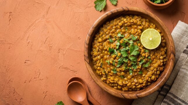 A wooden bowl filled with cooked brown lentils garnished with fresh cilantro and a lemon slice.