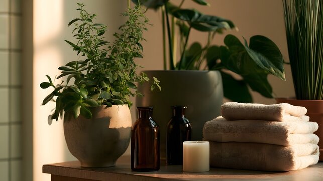 A serene bathroom nook featuring potted plants  folded towels  and amber bottles under warm sunlight