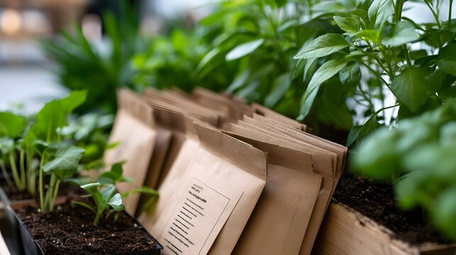 Rows of brown paper seed packets nestled among vibrant young green plants growing in soil filled containers